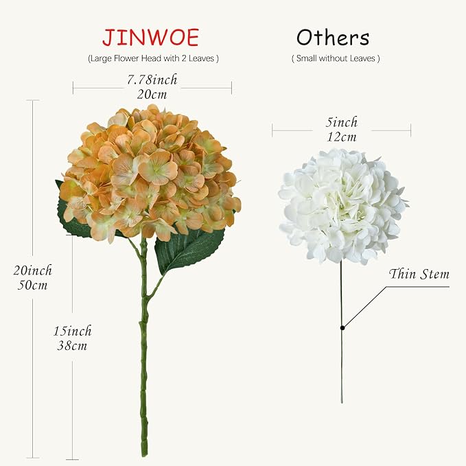 JINWOE Real Touch Vintage Artificial Hydrangeas, 4PCS 21" Large Boho Fall Faux Hydrangea Flowers, Fake Flowers for Wedding Bouquet Centerpieces Tables Party Home Baby Showers（Orange）