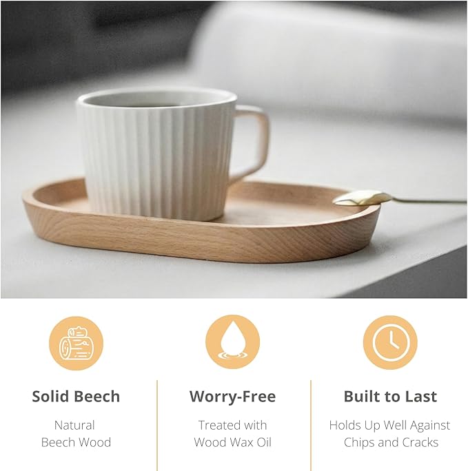 Vandroop Wooden Mini Serving Tray for Parties, Tea & Coffee Table, Small Oval Wood Plate for Fruit & Snacks, Decorative Tray for Jewellery, Keys & Coins, Tray for Bathroom (Beech Wood, 7.8'4.66')