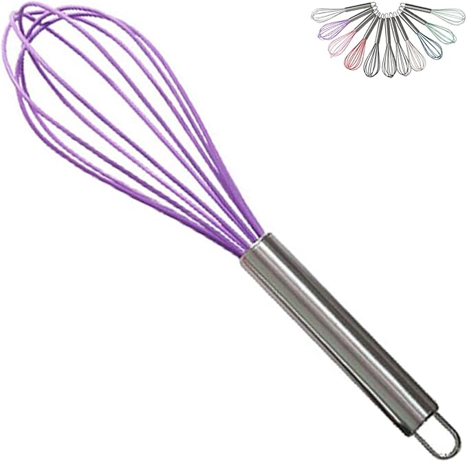 1-Piece Purple Silicone Whisk with Stainless Steel Handle BRIIEC 10-inch Egg Beater Milk Beater Balloon Whisk Manual Baking Tool for Blending Stirring Whisking and Beating