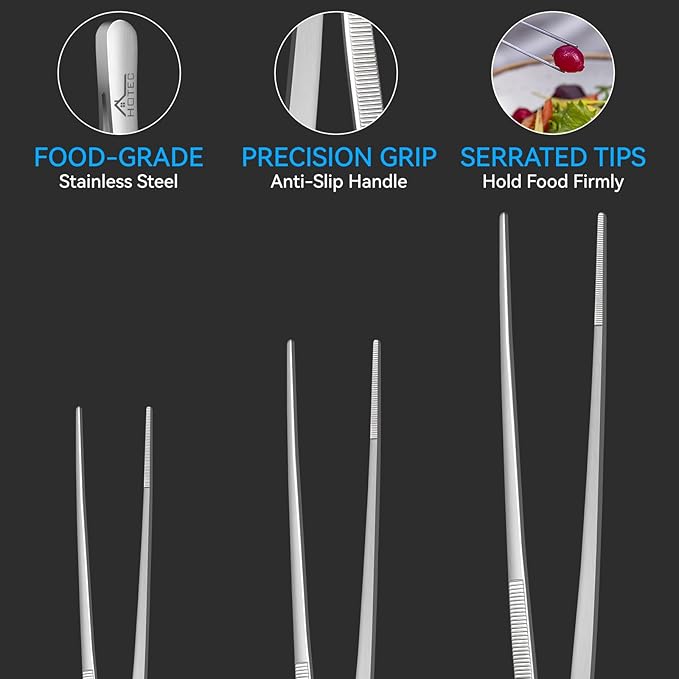 HOTEC Kitchen Tweezers Tongs Stainless Steel Professional Chef Tweezers, Set of 3-6.3", 10" and 12inch Food Tongs for Cooking, Repairing, Dessert, BBQ, Meat, Pasta, Silver