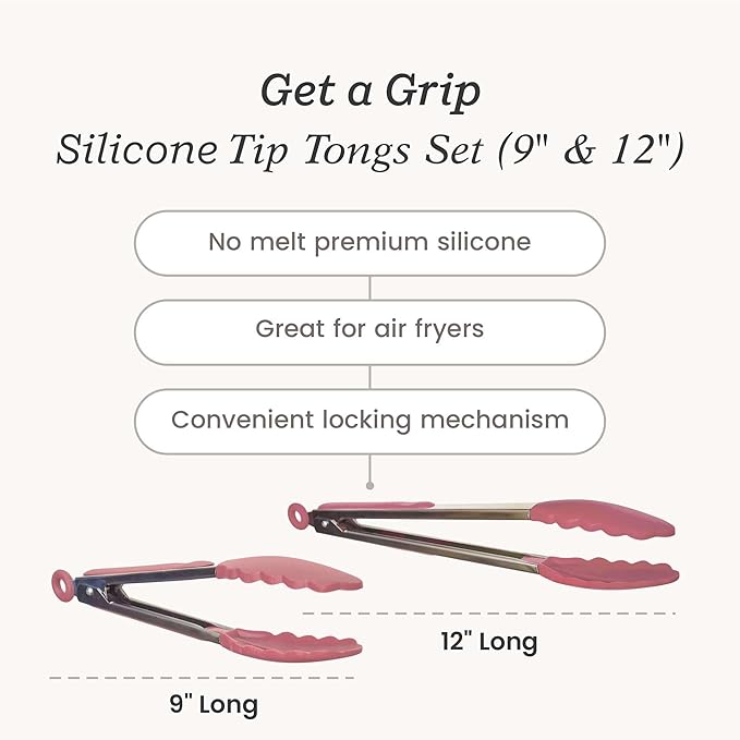 Starpack Get a Grip Silicone Kitchen Tongs (2-Pack, 9" + 12") - LFGB Non Toxic, 600°F Heat Resistant, BPA-Free - Heavy-Duty Stainless Steel, Locking - Dishwasher Safe for Nonstick Cookware Earthy Pink