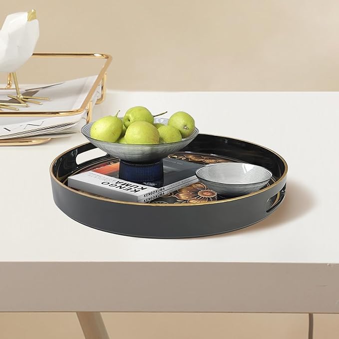 Plastic Coffee Trays,Serving Tray,Bohemian Round Tray,13" Dx 1.57" H,Lightweight and Non-Slip with Handles,Perfect for Restaurants,Cafés,and Home Use (Round)