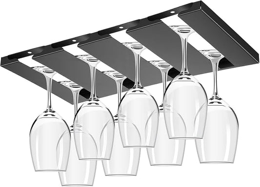 Wine Glass Holder, Stemware Rack Hanger Under Cabinet or Counter for Bar, Kitchen and Restaurant, Stainless Steel 16.5 Inch Glassware Drying Hanger, Metal Hanging Organizer, Matte Black, 4 Row