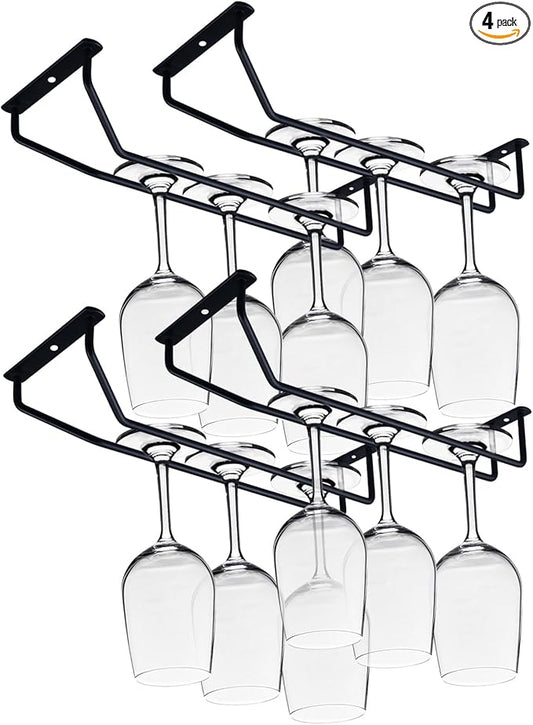 10.6in Black 4 pack Wine Glass Rack Under Cabinet Shelf Glasses Holder Storage with Drying Stemware Rack Under Counter Wine Glass Holder Metal Hanger