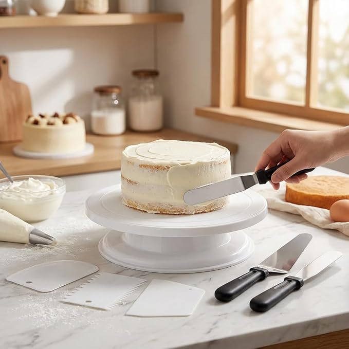 White Cake Decorating Kit with Revolving Cake Turntable, 8-Piece Baking Supplies and Decorating Tools Set including 3 Frosting Spatulas, 4 Icing Smoothers, Gift for Beginners & Pros
