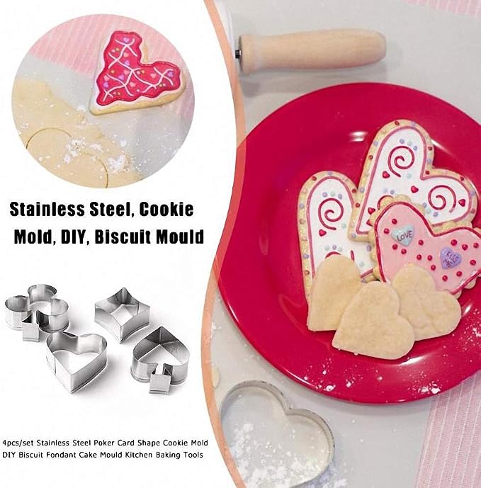 4Pcs/Set SMALL SIZE Casino Playing Cards Suit Stainless Steel Cookie Cutters Poker Playing Bridge Fondant Cutters Set Cake Decorating Tool (Spade, Heart, Club and Diamond)
