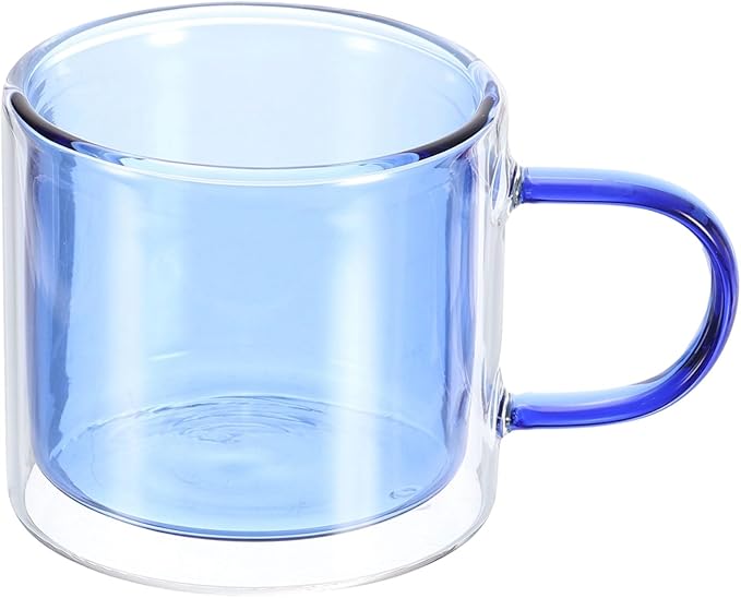 uxcell 8.4 oz Double Wall Glass Coffee Mugs, Glass Tea Cup with Widened Handles for Espresso Coffee, Cappuccino, Tea Bag, Latte, Hot Cold Beverages, Juice, Blue