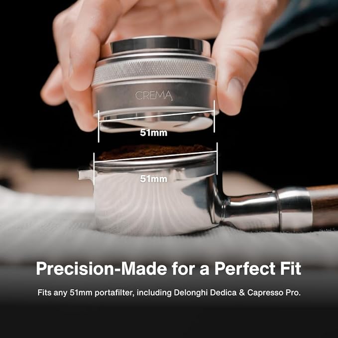 CREMA Coffee Products 51mm Hand Tamper & Coffee Distributor for Delonghi | Compatible w/any 51mm | Double-Sided, Adjustable Depth Tool | Durable 304 Stainless Steel | Silver