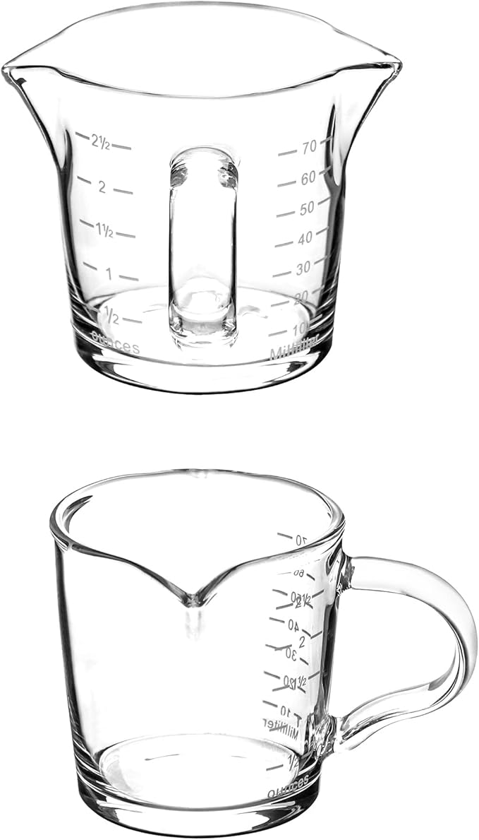 QWORK Espresso Shot Glass with Handle, 2 Pack 3-Ounce Double Spout Glass Measuring Cup Triple Pitcher Milk Cup with Two Scales (OZ&ML)