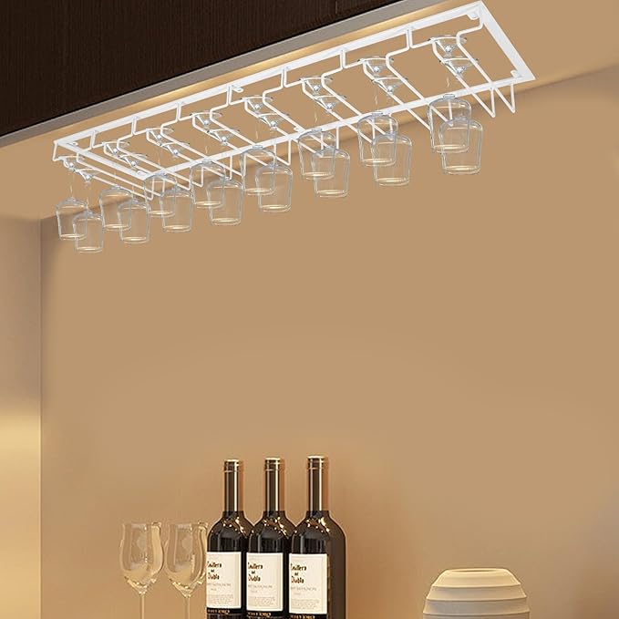 16 Wine Glasses Rack Holder Hanging Metal Storage Shelf Wall-Mounted Cup Holder Upside Down Hanging Under Cabinet Wine Glass Iron Holder Rack For Bar Kitchen (White)
