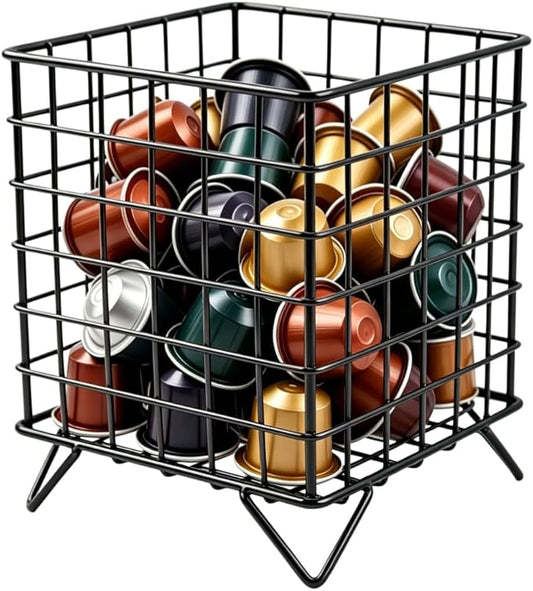 Coffee K Cup Holder Coffee Pod Rack Coffee Organizer Stand K Pod Container, Metal Creamer Holder, Coffee Bar Accessories Basket K Pods Storage for Kitchen Counter, Black