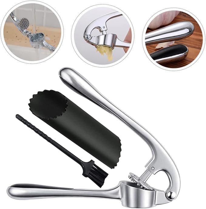 Zinc Alloy Garlic Press Set Stainless Steel Garlic Mincer Peeling Brush for Kitchen Use Easy Clean Ergonomic Design