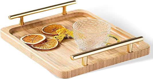 12"x8" Bamboo Breakfast Serving Tray with Gold Handles, Decorative Food Tray for Tea, Coffee, Snacks, Parties & Table Use