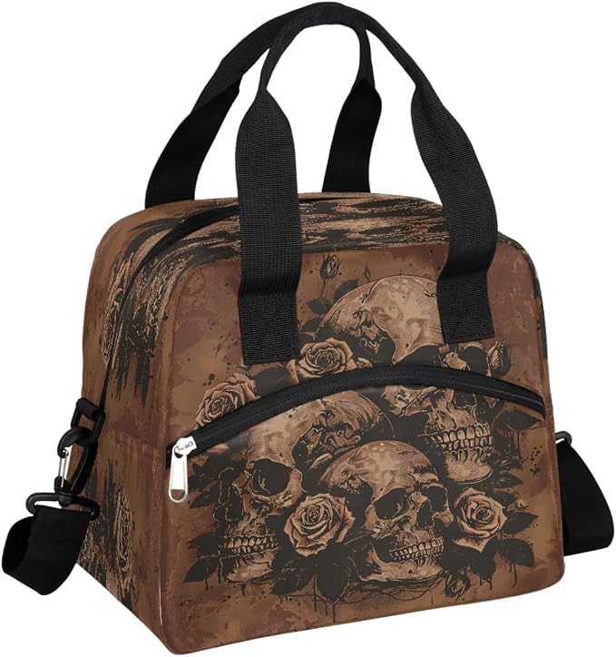 Pardick Skull Skeleton Vintage Insulated Lunch Bag for Women Girl Reusable Lunch Tote Box With Shoulder Strap Lightweight Thermal Cooler Meal Prep Bag for Work School Office Picnic