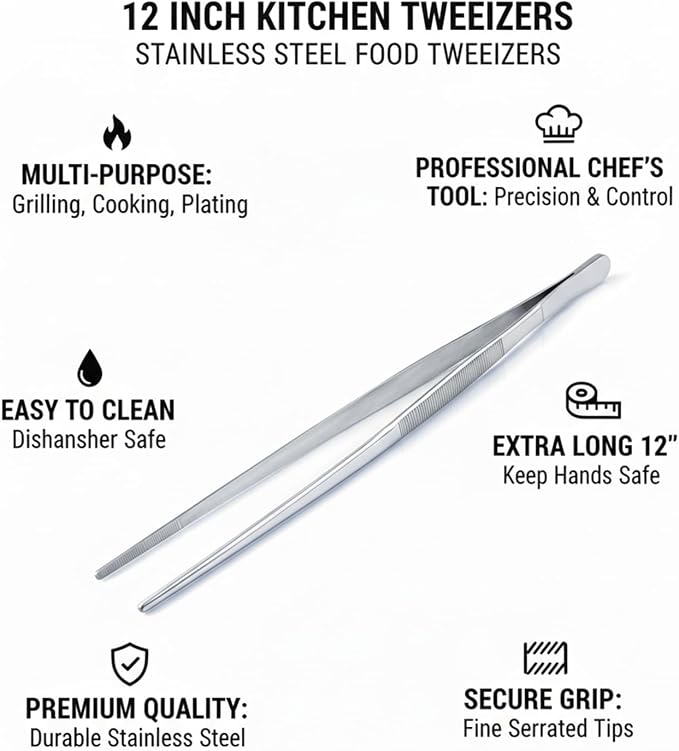 12 Inch Stainless Steel Precision Kitchen Tweezers - Professional Chef-Grade Food Tongs for Cooking, Plating, and Grilling - Fine Serrated Tips for Secure Grip