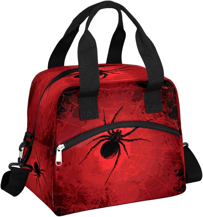 Spider Red Background Insulated Lunch Bag for Women Men Thermal Cooler Bag Adult Lunch Box with Shoulder Strap Reusable Lunch Tote Bag Large Containers for School Picnic Work Lightweight Handbag