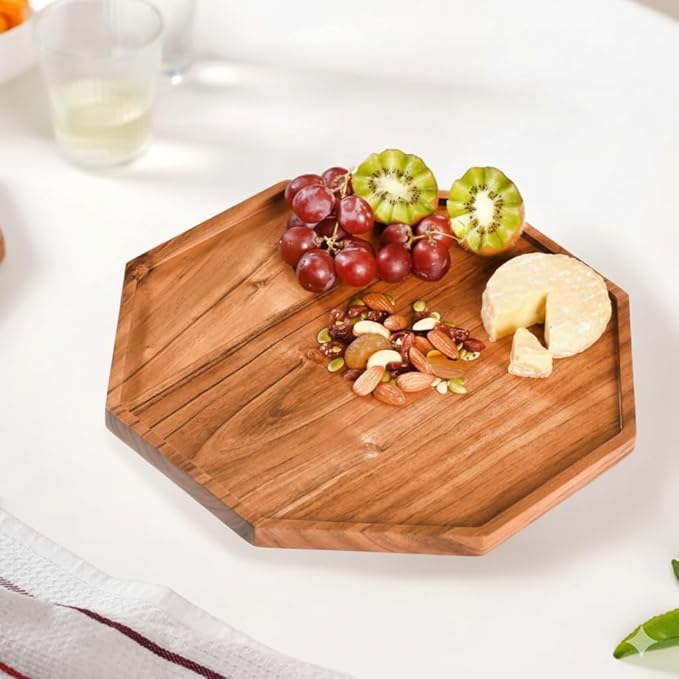 Wooden Serving Tray for Kitchen and Home Decor | Acacia Wood Octagonal Serving Platter for Tea, Coffee, Snacks and Cake | Decorative Trays Resturnant and Cafe (Food Safe Oil Finish) (8 Inch)
