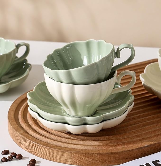 Flower Shaped Ceramic Coffee Cup Teacup with Saucer, Set of 2-White-Green
