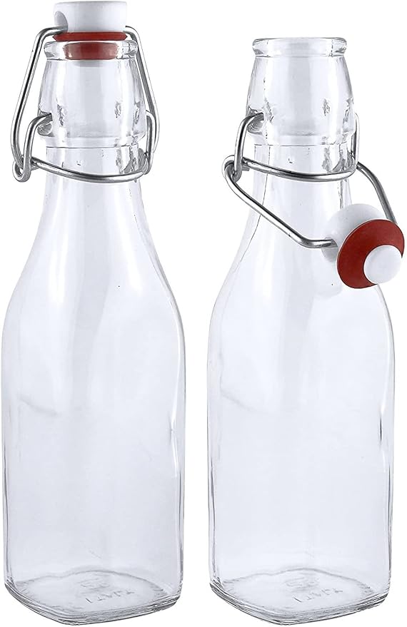 Estilo Swing Top Easy Cap Clear Glass Bottles with Caps, Round, 8.5 oz, Set of 6 - Standard Size, Flip Top Glass Bottles to Store Home Brews, Oils, Vinaigrettes, Wines, Beer, Teas - Syrup Bottles