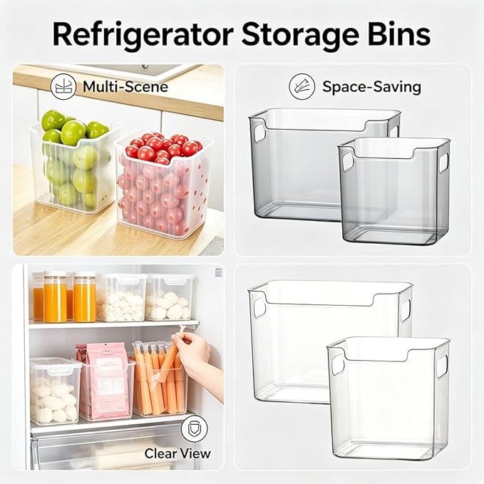 Crystal ClearFreezer Storage Bins,4 Pack Cleard Plastic Bins for Refrigerator and Pantry,Clear Plastic OrganizerBins with Handles,Stackable Kitchen Cabinet Organizer for Frozen Food,Meat & Veggies