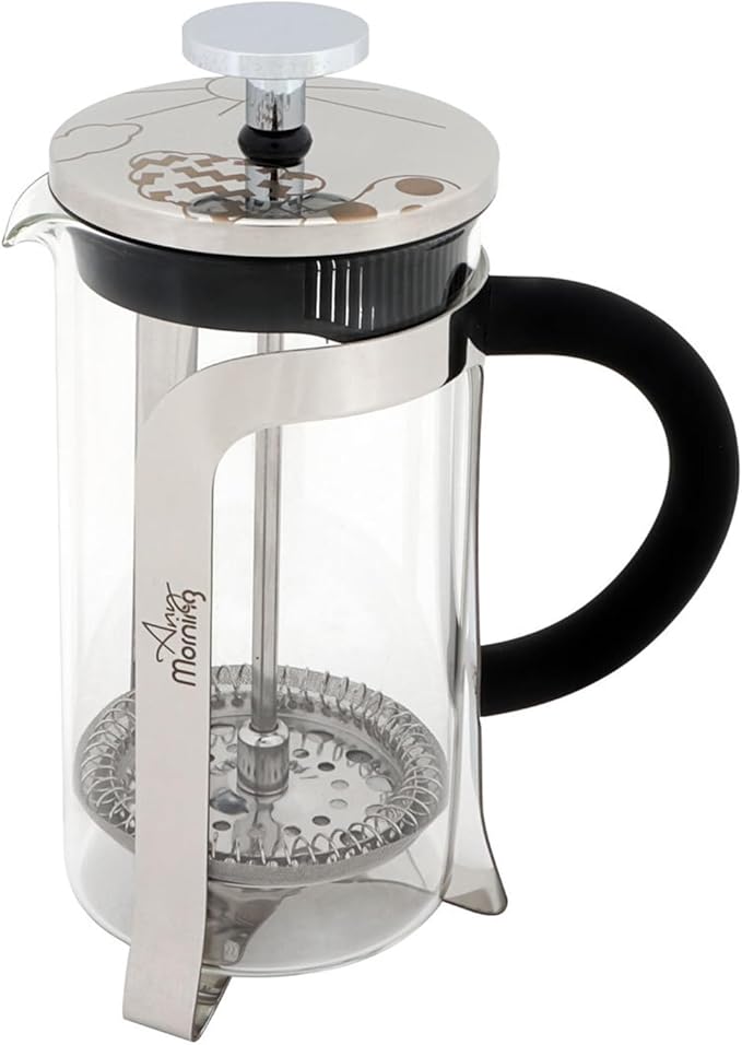 Any Morning French Press Coffee Maker,Tea & Coffee Press with Triple Stainless Steel Filter, small french press Coffee Brewer for Camping and Travel, Borosilicate Glass, 11 Oz, Black