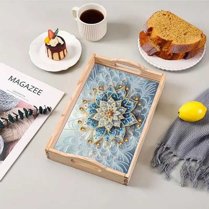 DIY Diamond Serving Tray Rectangular Breakfast Tray with Handle Handmade Diamond Art Painting Wooden Tray for Dinner Plate Coffee Room Living Home Organizer-Mandala