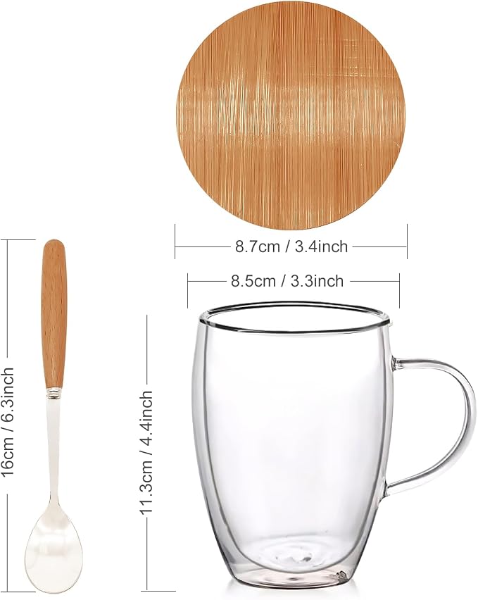 4 Pack 12oz Double Walled Glass Coffee Mugs with Bamboo Lid/Spoon, Clear Coffee Cups and Mugs Set of 4, Cappuccino Latte Glasses Cups, Espresso Mug Cups for Latte, Hot/Cold Drink