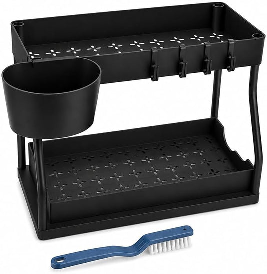 Tier Under Sink Organizer with Hooks and Cleaning Brush, Black Metal Bathroom & Kitchen Storage Rack