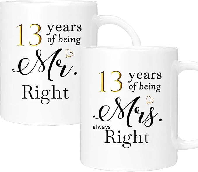 13th Anniversary Coffee Mugs Set of 2, 13 Year Anniversary Wedding Gifts Decorations for Couple Parents Men Women Husband Wife Him Her, Gift Box Packaging, 11oz
