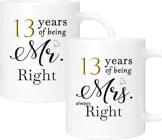 13th Anniversary Coffee Mugs Set of 2, 13 Year Anniversary Wedding Gifts Decorations for Couple Parents Men Women Husband Wife Him Her, Gift Box Packaging, 11oz