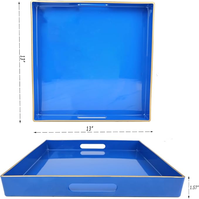 Spsyrine Blue Decorative Tray for Living Room, Square Modern Plastic Coffee Serving Table Tray for Ottoman Bathroom Kitchen,13"*13"