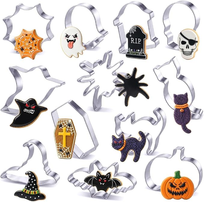Halloween Cookie Cutters Set, HUINF 12Pcs Stainless Steel Cookie Cutters - Bat, Ghost, Pumpkin, Cat, Spider, Spider Web, Coffin, Witch's Hat, Skull, Tombstone Shapes for Halloween Baking