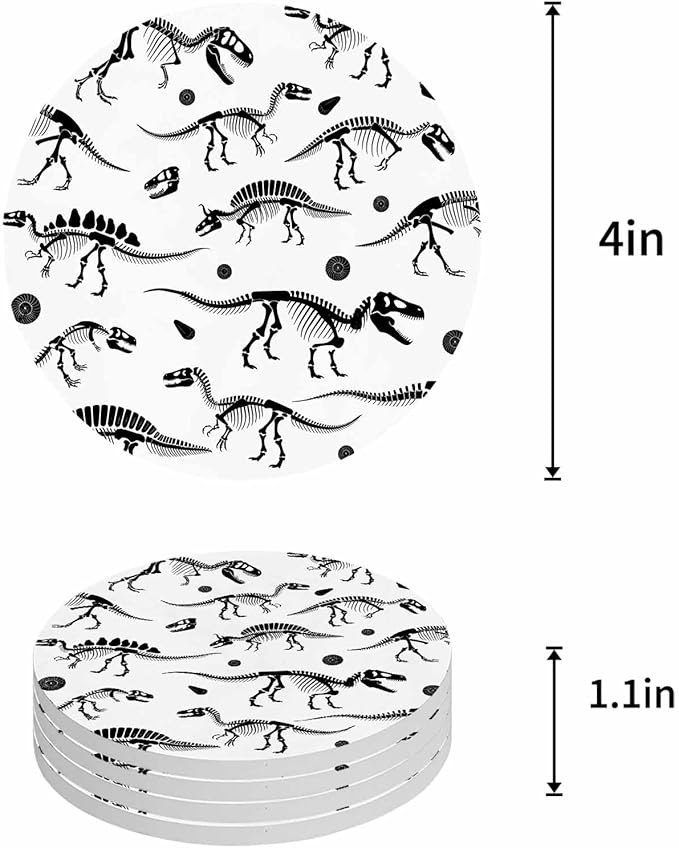 Coasters Set of 6 Dinosaur Fossils Drink Coasters with Holder Absorbent Stone Ceramic Cup Mat Black White Animal Coaster for Drinks Coffee Bar Office Kitchen Cafe Home Decor