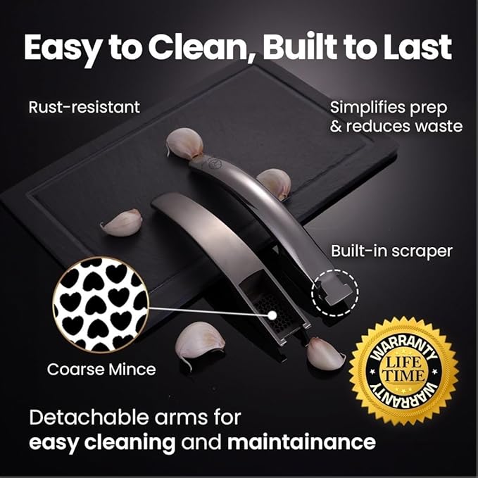 No Peeling Required Garlic Press Stainless Steel with Detachable Handle for Coarse Mincing - Premium Garlic Mincer Tool, Rust-Proof, Easy to Clean, Dishwasher Safe Garlic Crusher, Lifetime Replacement