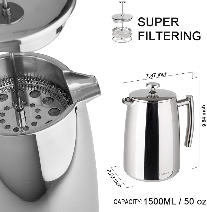 Secura French Press Coffee Maker, 50-Ounce, 304 Stainless Steel Insulated Coffee Press with Extra Screen (Pack of 2)