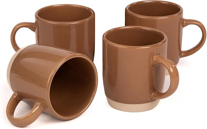 OTAGO Coffee Mugs for 4, 12 oz Mug Set, Partially Unglazed Base,Dringking Cup with Handle for Coffee, Tea, Cocoa, Milk, Brown