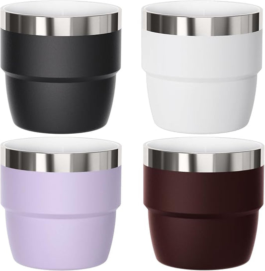 4 oz Small Espresso Cup, Ceramic-Lined 18/8 Stainless Steel, Double-Wall Vacuum Insulated, Stackable, Dishwasher Safe, Fits Most Espresso Machines, 4 Pack, Black/White/Lilac/Wine Red