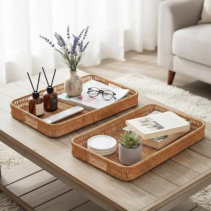 2pcs Rectangular Serving Tray with Handles, Decorative Wicker Organizer Baskets Storage Tray for Coffee Table, Bread, Fruit, Snacks, Centerpiece Decor