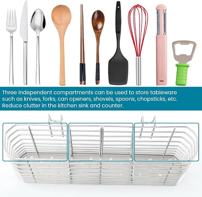 304 Stainless Steel Utensil Drying Rack Holder, 3-Compartment Kitchen Utensil Organizer Flatware Basket with Hooks for Dish Drying Rack, Sink Dish Drainer, Kitchen & Bathroom,7.87 x 1.57x 3.54inch