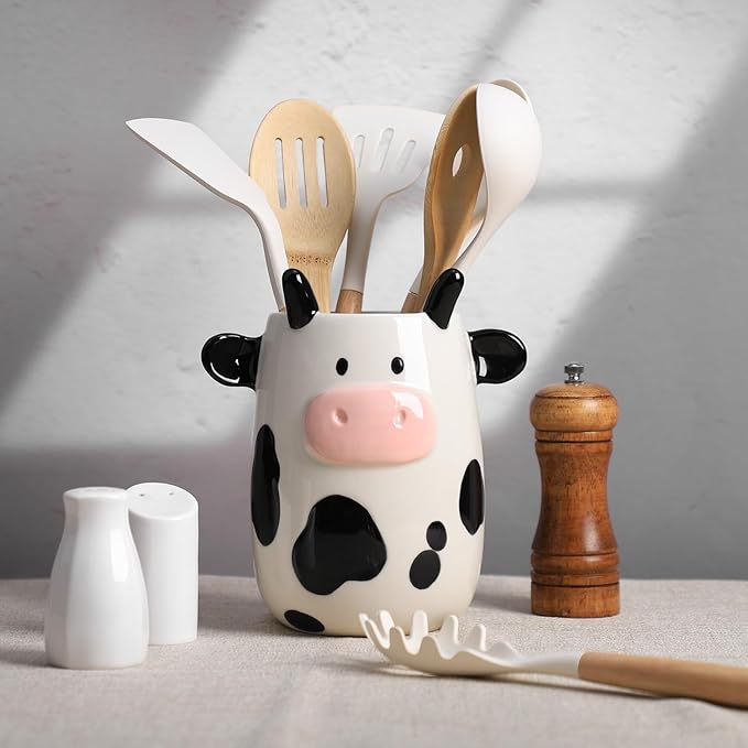 Ceramic Cartoon Cow Shaped Kitchen Utensil Holder, Large Cooking Utensil Crocks, Ceramic Utensil Organizer for Spatula, Kitchen, Home Decoration