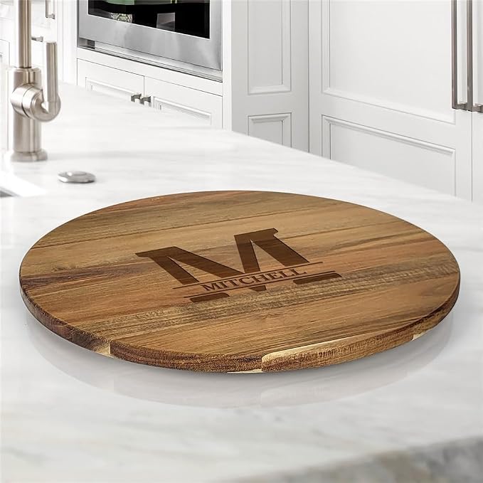 Engraved Family Name and Initial Personalized Lazy Susan, 16" Rotating Tray Brown