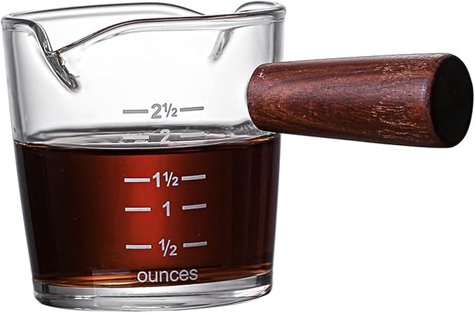 70ml Double Spouts Espresso Cup Shot Glasses Heat-Resistant Measuring Cup Mini Milk Glass Mug with Wooden Handle Clear Scale Ounce for Milk Coffee Espresso Making Heavy Glass Measuring Cup