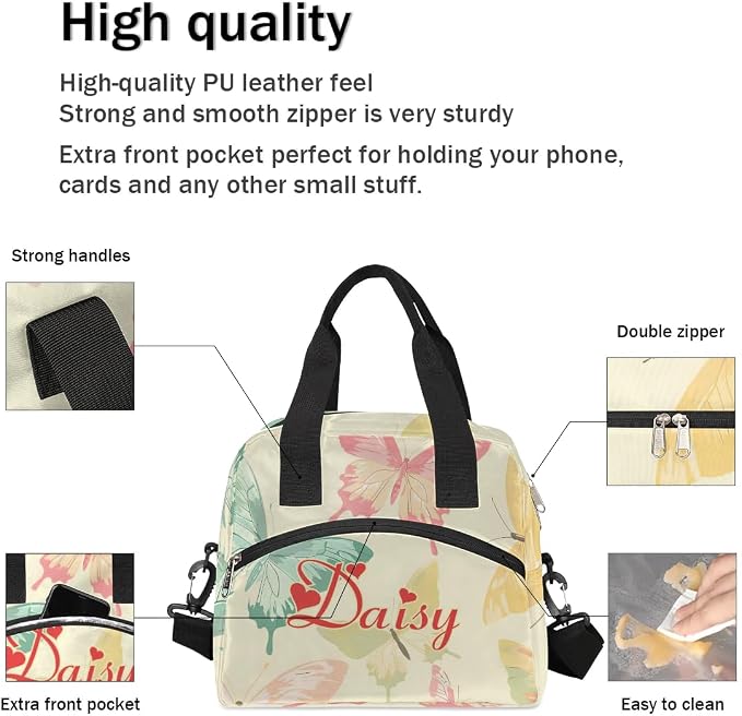 Personalized Yellow Butterfly Lunch Bag for Women, Custom Name Insulated Cooler Lunch Box for Work Office Picnic,Leakproof Reusable Lunch Tote Bag