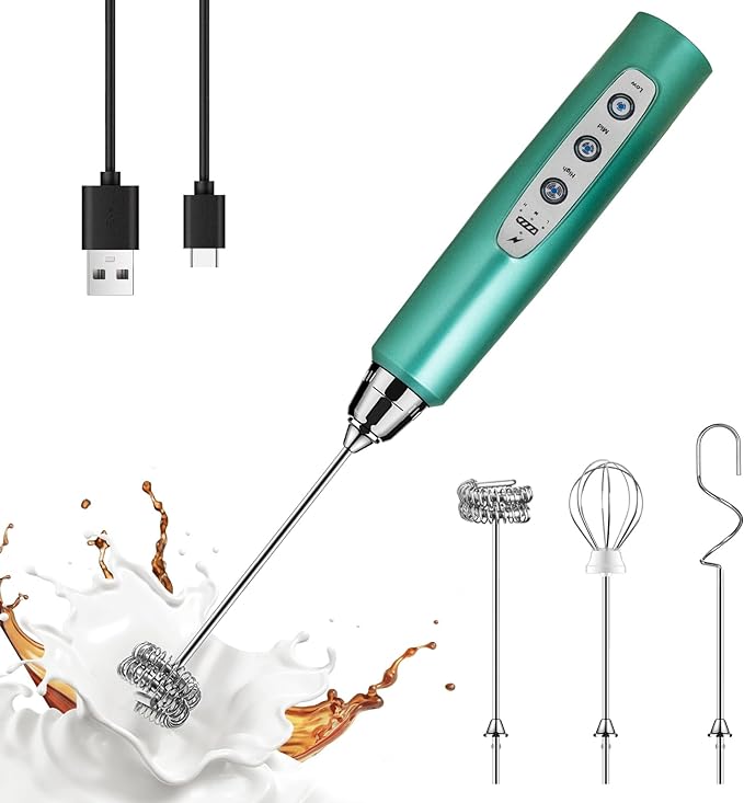 YUSWKO Green Handheld Milk Frother Wand for Coffee, Rechargeable Electric Whisk with 3 Heads 3 Speeds Drink Mixer Coffee Frother For Latte, Cappuccino, Hot Chocolate, Egg
