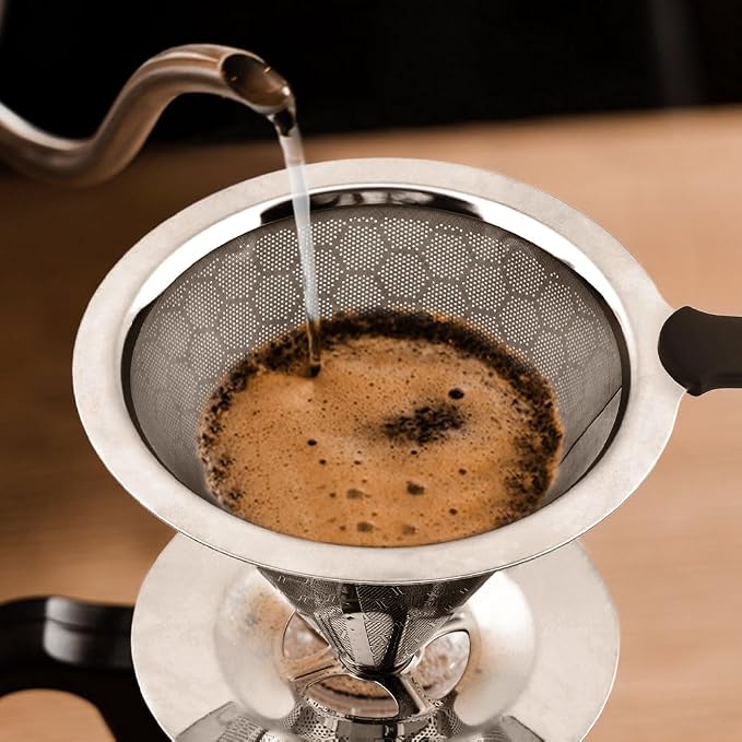 Pour Over Coffee Dripper, Paperless Coffee Filter, Pour Over Drip Coffee Filter, Stainless Steel Reusable Filter Easy Clean Maker Pour Over Coffee Dripper Double Mesh With Brush