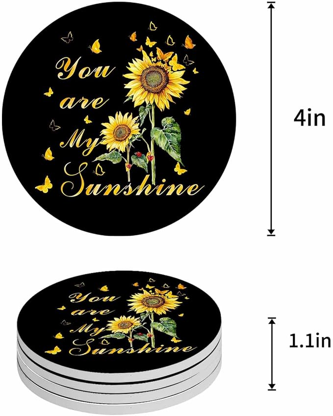 Coasters Set of 4 Sunflowers Drink Coasters with Holder Absorbent Stone Ceramic Cup Mat Black Butterfly You are My Sunshine Coaster for Drinks Coffee Bar Office Kitchen Cafe Home Decor