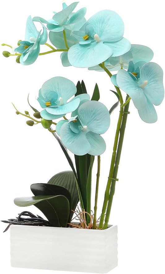 Artificial Real Touch Orchid Flowers in Pot Fake Phalaenopsis Flower with White Ceramic Vase Faux Orchids Arrangement for Home Table Office Wedding Party Decoration (Golden Blue)