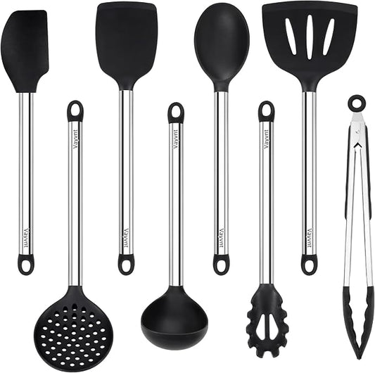 Vayvnt Silicone Cooking Utensil Set, 8-Piece, Heat Resistant to 480℉, Black | Kitchen Utensils with Stainless Steel Handle, Non Toxic, Non-scratch on Nonstick Cookware, Large Long Size, Dishwasher Safe