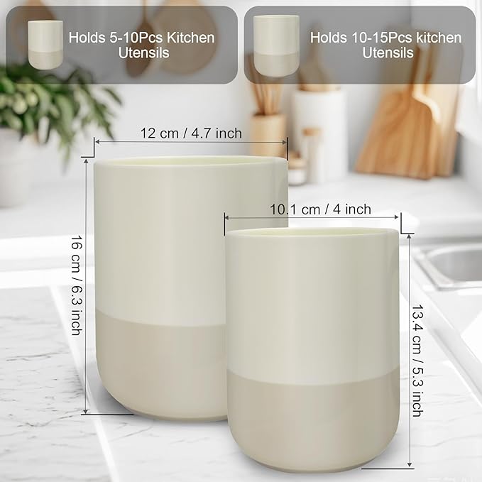 Ceramic Utensil Holder for Kitchen Counter, Black Kitchen Utensil Holder for Countertop, 2 Pcs Cooking Utensil Crocks for Spatula, Spoon, Forks, Plant (white-brown)