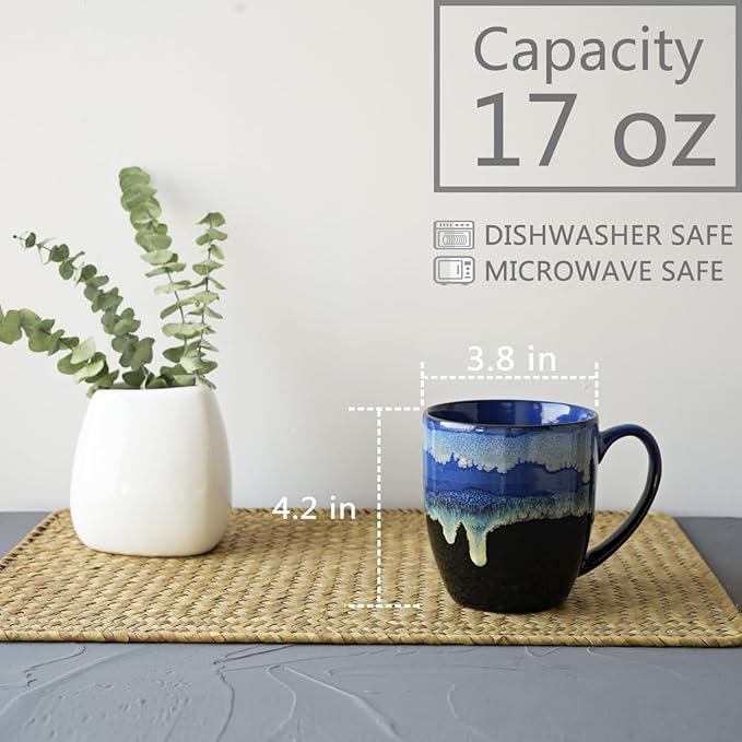 Bosmarlin Ceramic Coffee Mug Set of 4, 17 Oz, Coffee Cups with Big Handle, Microwave Safe, Unique Reactive Glaze (17 Oz, Blue)